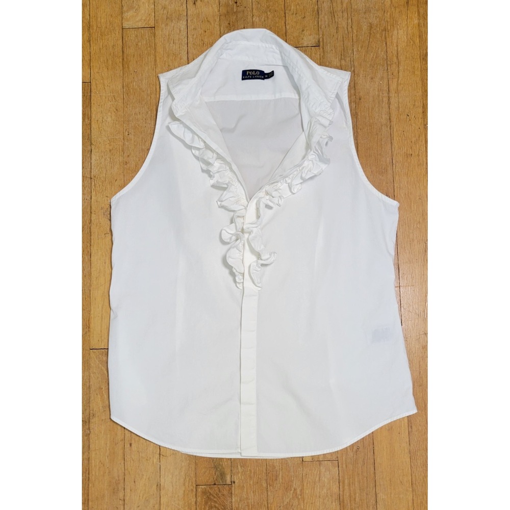 Polo Ralph Lauren Women 14 White Ruffle Front Sleeveless Cotton Button Down Shir - Picture 4 of 8
